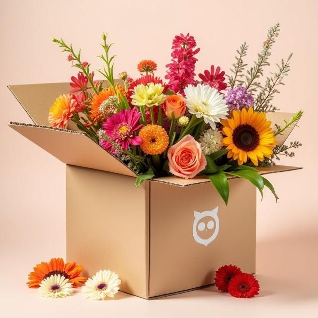 花の定期便の箱と新鮮な花々