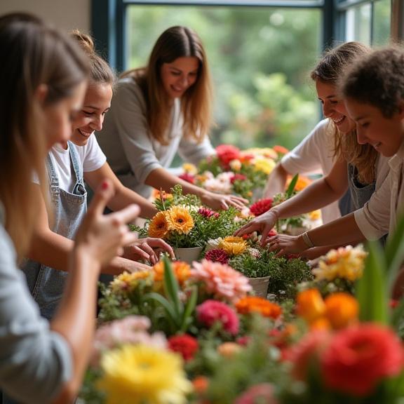 ワークショップで楽しそうに花を選ぶ参加者たち
